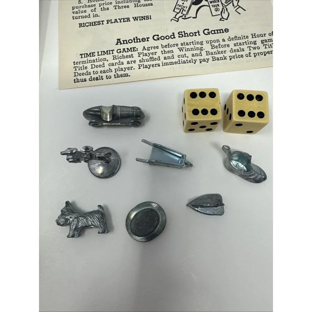 Vintage 1961 Monopoly Board Game Instructions Cream Dice 7 Pewter Game Pieces